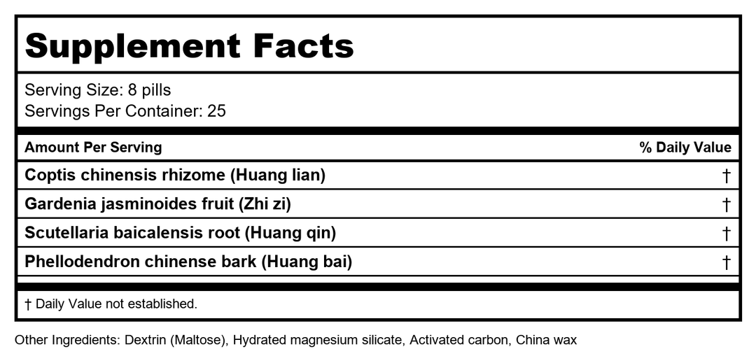Huang Lian Jie Du Teapills (Huang Lian Jie Du Wan), 200 ct, Plum Flower by MayWay - Supplement Facts panel