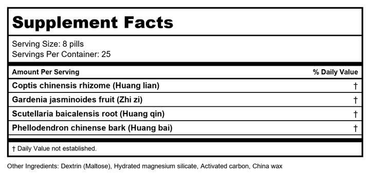 Huang Lian Jie Du Teapills (Huang Lian Jie Du Wan), 200 ct, Plum Flower by MayWay - Supplement Facts panel
