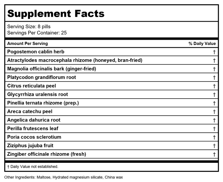 Agastache Qi Correcting Pills (Huo Xiang Zheng Qi) Plum Flower 200 ct by MayWay - Supplement Facts panel