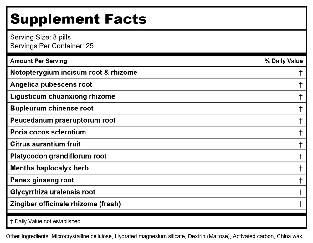 Plum Flower Resilient Warrior Teapills (Ren Shen Bai Du Wan) 200 count by MayWay - Supplement Facts panel