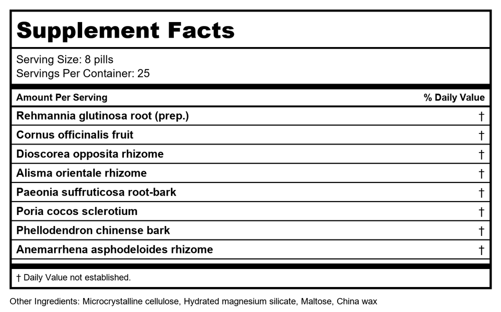 Plum Flower - Eight Flavor Rehmannia Teapills-( Zhi Bai Di Huang Wan ) 200 count by MayWay - Supplement Facts panel