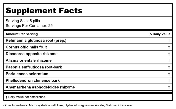 Plum Flower - Eight Flavor Rehmannia Teapills-( Zhi Bai Di Huang Wan ) 200 count by MayWay - Supplement Facts panel