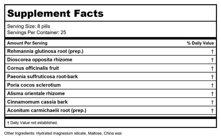 Plum Flower Min Shan Golden Book TeaPills (Jin Gui Shen Qi Wan) 200 ct by MayWay - Supplement Facts panel