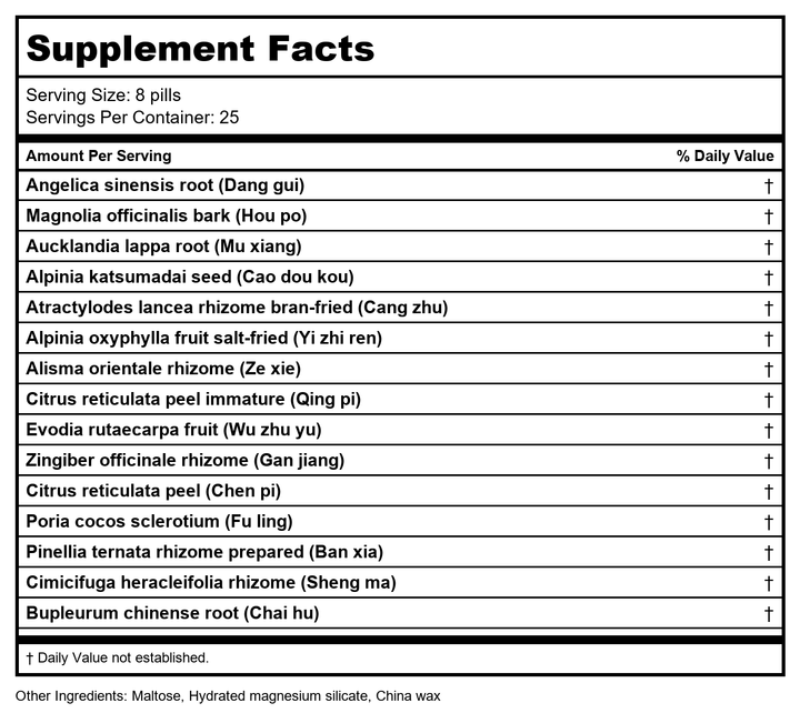 Plum Flower Mu Xiang Shun Qi Teapills by MayWay - Supplement Facts panel