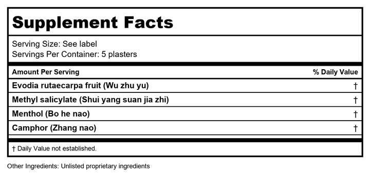 Plum Flower E Mei Shan Medicated Plaster - 3.8 in x 2.75 in by MayWay - Supplement Facts panel