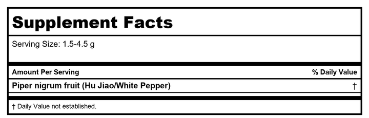 Whole White Peppercorns/Piper nigrum Fruit/Bai Hu Jiao 1.1 lb (500 gm) Plum Flower Brand Fumigant Free Medicinal Grade Chinese Herb by MayWay - Supplement Facts panel