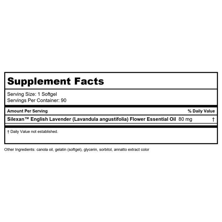 Natures Way CalmAid Lavender Oil Supplement for Calm &amp; Stress Support*, Clinically Studied Silexan Lavender Oil, Non-Drowsy, Daily Softgels, 90 Count - Supplement Facts panel