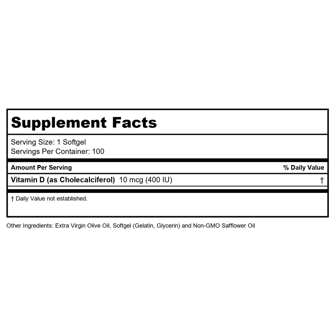 KAL Vitamin D3 400 IU Softgels (10 mcg), Active Form of Vitamin D, Calcium Absorption, Bone Health, Immune Support Supplement, Liquid Filled ActivGel, Made Without Soy, 100 Servings, 100 Softgels - Supplement Facts panel
