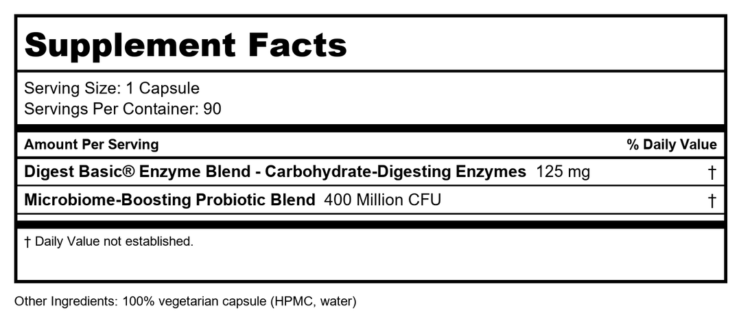 Enzymedica Betaine HCl for Men &amp; Women - Betaine Hydrochloric Acid Supplement, Protease Digestive Enzyme Blend, Digestive Health Support, Occasional Heartburn &amp; Indigestion Support, Vegan - 60 Caps - Supplement Facts panel