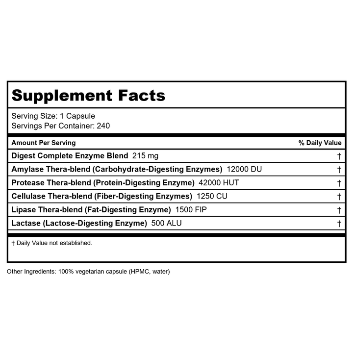 Enzymedica Digest Complete - Digestive Enzyme Supplement for Women &amp; Men, Enzyme Capsules for Digestion, Gut Health Support, Helps Gas &amp; Bloating, Energy Support, Vegan - 240 Caps - Supplement Facts panel