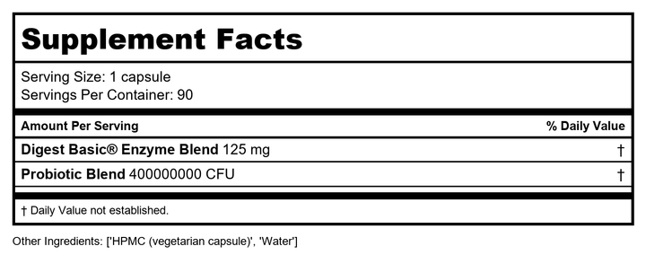 Enzymedica Digest Complete + Probiotics - Digestive Enzyme Supplement for Women &amp; Men, Enzyme and Probiotic Capsules for Digestion, Gut Health Support, Helps Gas &amp; Bloating, Vegetarian - 90 Caps - Supplement Facts panel