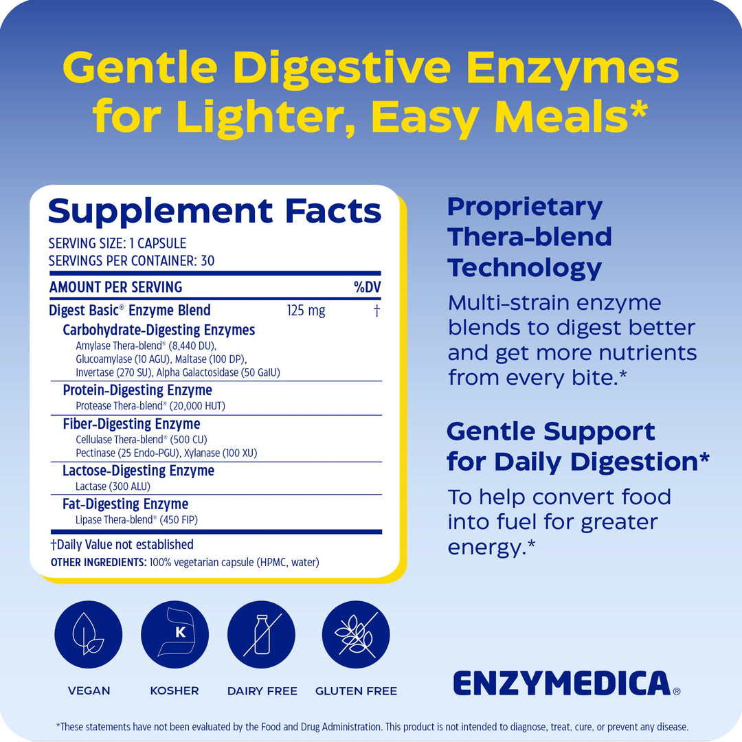 Enzymedica - Digest Basic, Essential Full Spectrum Digestive Enzymes, 30 Count - Supplement Facts panel