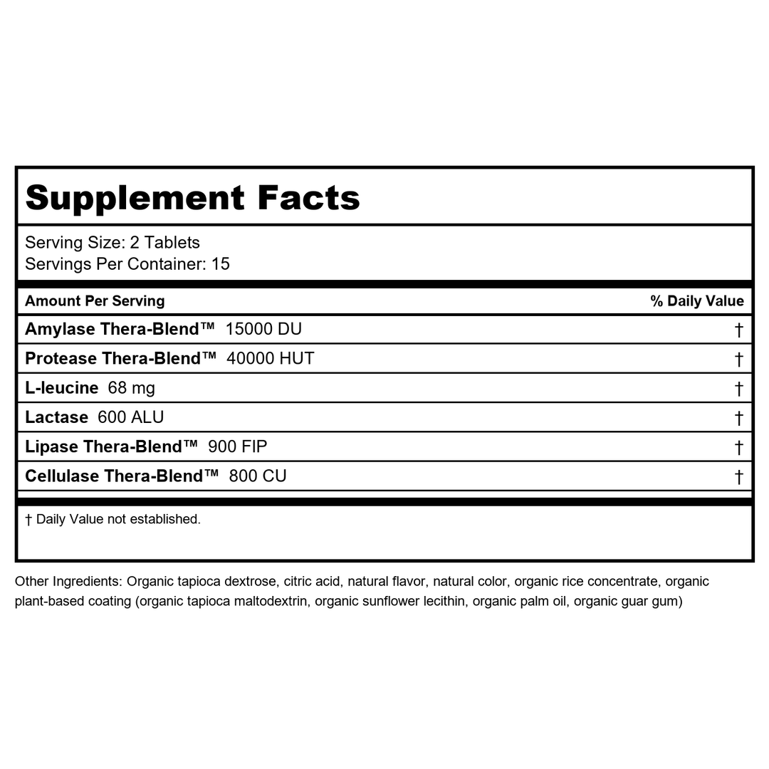 Enzymedica Digest Complete Chewable - Digestive Enzyme Supplement for Women &amp; Men, Chewable Enzyme Tablets for Digestion, Gut Health Support, Helps Gas &amp; Bloating, Energy Support, Vegan - 30 Tablets - Supplement Facts panel