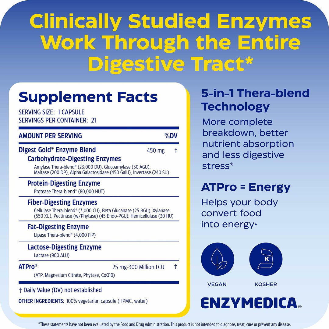 Enzymedica Digest Gold - Digestive Enzyme Supplement for Women &amp; Men, Enzyme Capsules for Digestion, Gut Health Support, Helps Gas &amp; Bloating, ATPro Energy Support, Maximum Strength, Vegan - 21 Caps - Supplement Facts panel