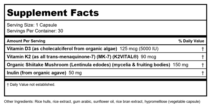 Enzymedica Vitamin D3 and K2 Supplement Caps for Men &amp; Women - VIT D3 5000 IU &amp; VIT K2 MK-7 90 mcg, Immune &amp; Bone Health Support, Features Shitake Mushrooms &amp; Prebiotic Fiber, Vegan - 30 Capsules - Supplement Facts panel