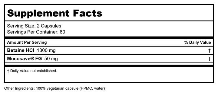 Enzyme Science Betaine HCl with Pepsin - Supplement for Low Stomach Acid - Betaine Hydrochloride Supplement - Digestive Enzymes - Enzimas Digestivas - 120 Capsules - Supplement Facts panel
