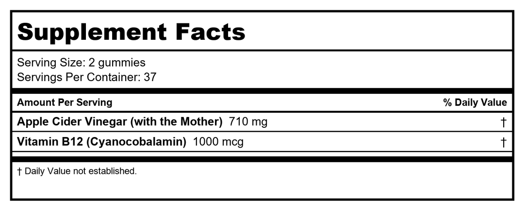 Enzymedica Apple Cider Vinegar Supplement for Women &amp; Men - Apple Cider Vinegar Gummies with Mother, 1000 mcg Vitamin B12 &amp; 710 mg ACV per Serving, Gut Health &amp; Digestive Support, Vegan - 74 Count - Supplement Facts panel
