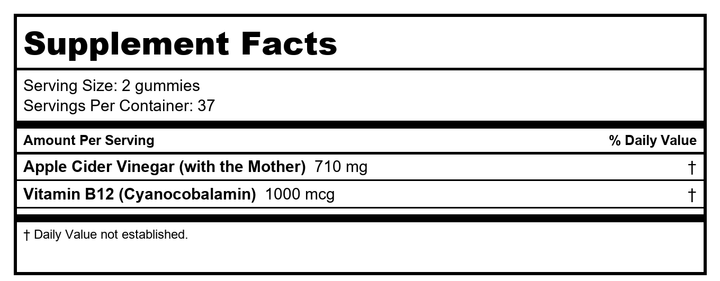 Enzymedica Apple Cider Vinegar Supplement for Women &amp; Men - Apple Cider Vinegar Gummies with Mother, 1000 mcg Vitamin B12 &amp; 710 mg ACV per Serving, Gut Health &amp; Digestive Support, Vegan - 74 Count - Supplement Facts panel