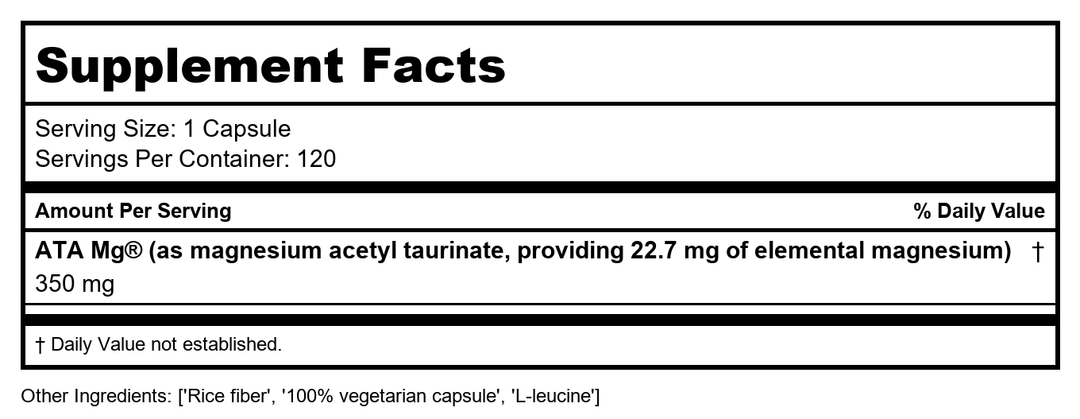 Enzymedica, Magnesium Mind with ATA Mg, 24% Faster Absorption, High-Bioavailability Magnesium for Sleep, Stress &amp; Cognition, 120 Count - Supplement Facts panel