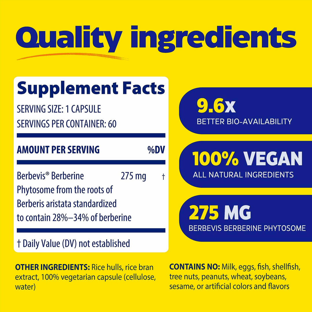 Enzymedica Berberine Phytosome High Absorption Supplement - Berbevis Berberine Phytosome Capsules for Men &amp; Women, Bioavailable Formula, Natural Metabolic Health Support, Vegan, Gluten Free - 60 Caps - Supplement Facts panel
