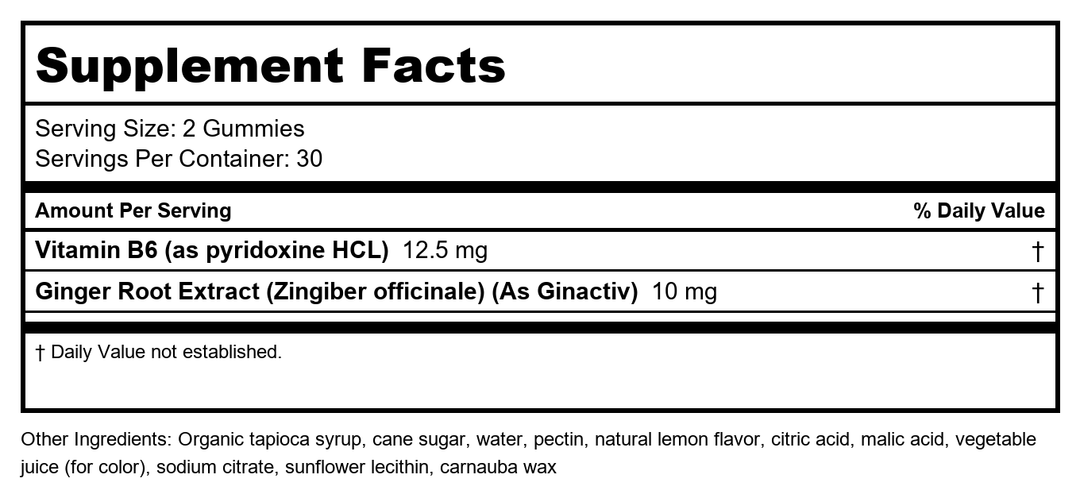 Enzymedica Ginger Root &amp; Vitamin B6 Gummies for Adults - Ginger &amp; VIT B6 Supplement Chews for Women &amp; Men, Support for Occasional Nausea, Helps Digestion, Vegan, Gluten Free - 60 Count - Supplement Facts panel