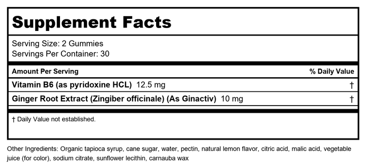 Enzymedica Ginger Root &amp; Vitamin B6 Gummies for Adults - Ginger &amp; VIT B6 Supplement Chews for Women &amp; Men, Support for Occasional Nausea, Helps Digestion, Vegan, Gluten Free - 60 Count - Supplement Facts panel