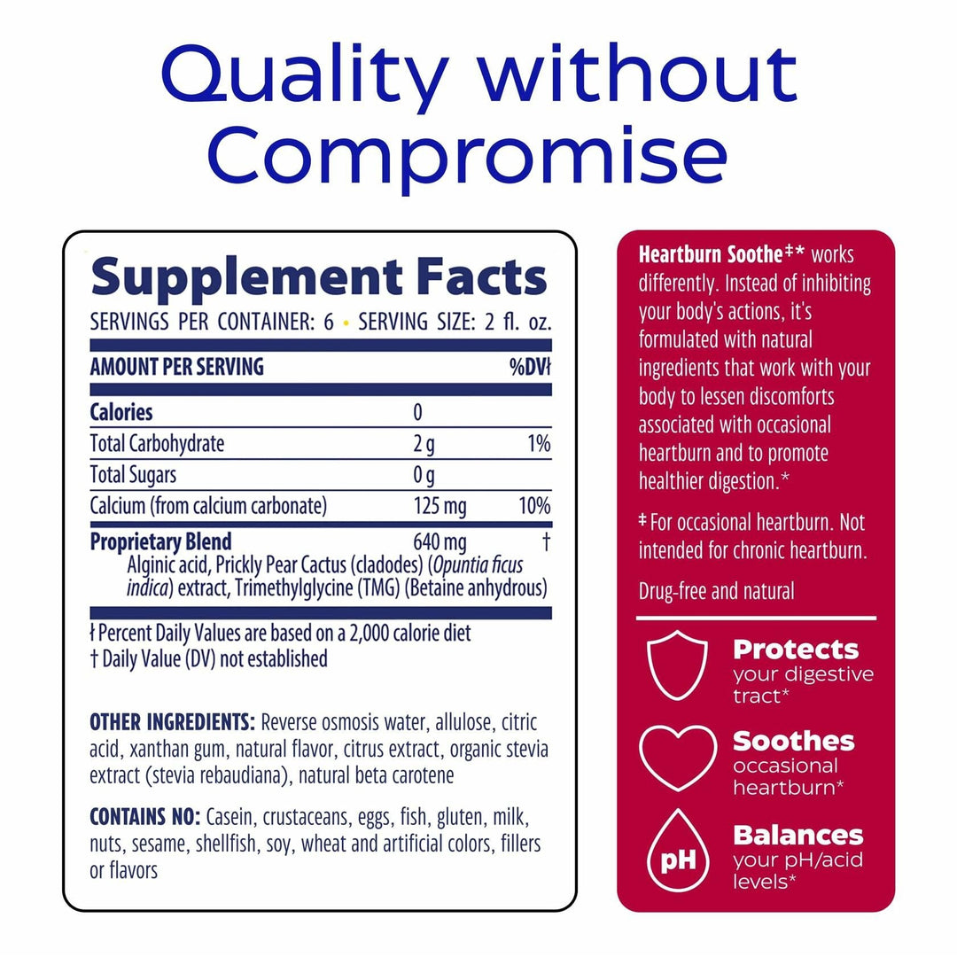 Enzymedica Heartburn Soothe Liquid Supplement - All Natural Reflux Support, Balances Acid &amp; pH Levels with Alginate, Fast-Acting Acid Support Alternative for Digestive Health, Vanilla Orange- 12 fl oz - Supplement Facts panel