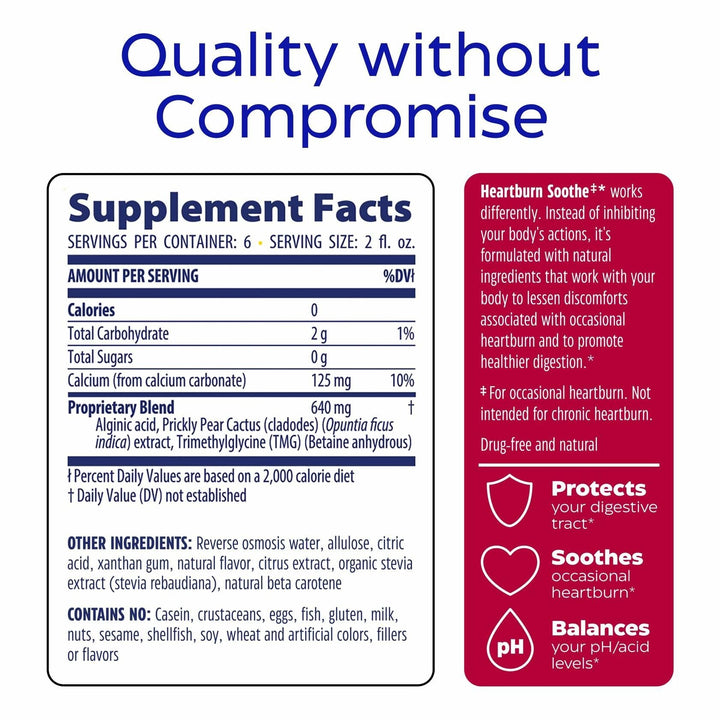 Enzymedica Heartburn Soothe Liquid Supplement - All Natural Reflux Support, Balances Acid &amp; pH Levels with Alginate, Fast-Acting Acid Support Alternative for Digestive Health, Vanilla Orange- 12 fl oz - Supplement Facts panel