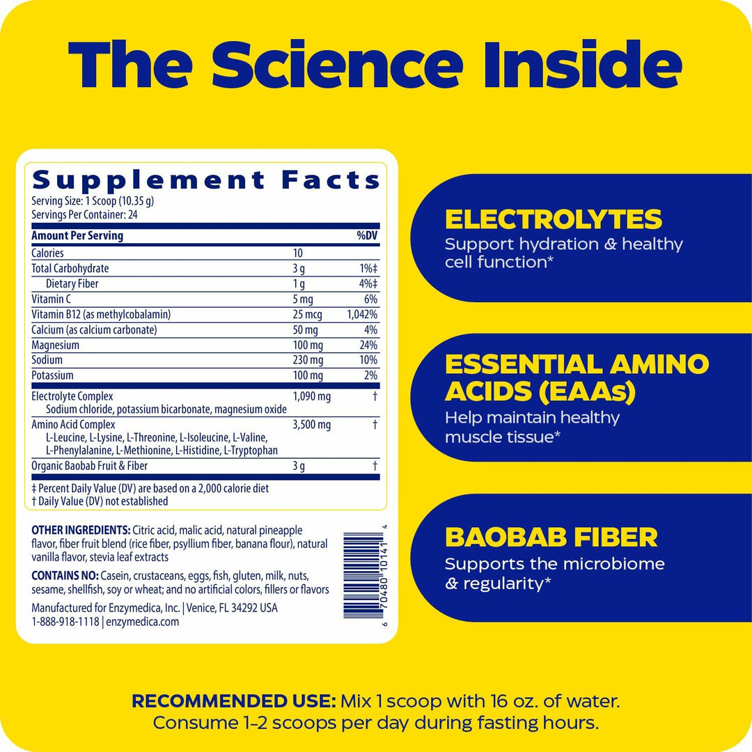 Enzymedica Fasting Today Drink Mix - Electrolyte Powder Supplement for Intermittent Fasting, Support for Hydration, Appetite &amp; Muscle Health, Keto Friendly, Tropical Pineapple Flavor - 8.75 oz - Supplement Facts panel