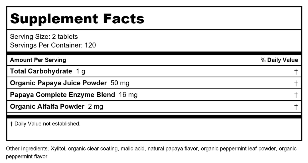 Enzymedica Papaya Complete - Papaya Enzymes Chewable, Digestive Enzyme Supplement for Women and Men, Digestion &amp; Gut Health Support, High Potency Bromelain &amp; Papain, Vegan, Gluten Free - 240 Tablets - Supplement Facts panel