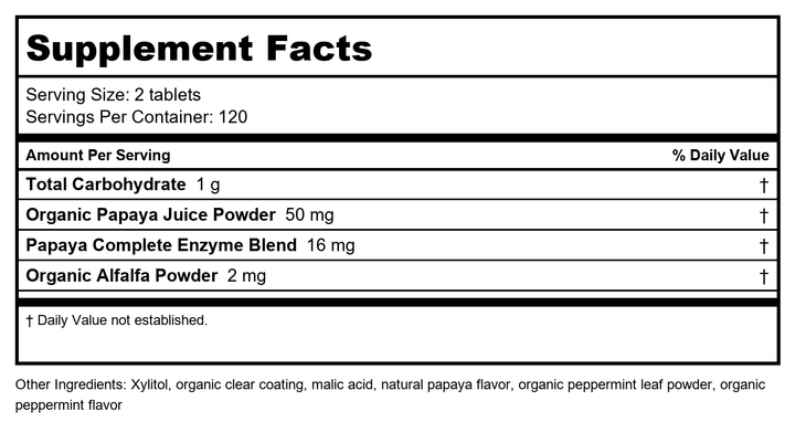 Enzymedica Papaya Complete - Papaya Enzymes Chewable, Digestive Enzyme Supplement for Women and Men, Digestion &amp; Gut Health Support, High Potency Bromelain &amp; Papain, Vegan, Gluten Free - 240 Tablets - Supplement Facts panel