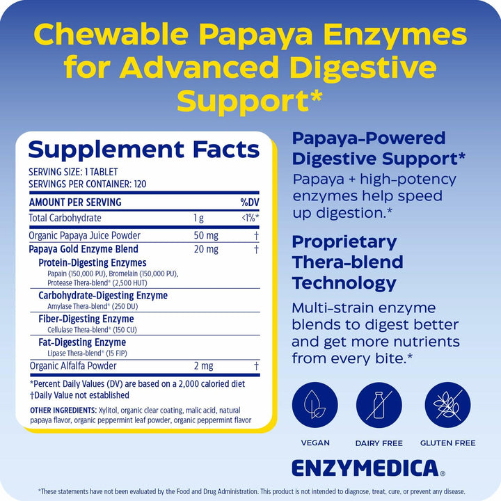 Enzymedica Papaya Gold - Papaya Enzymes Chewable, Digestive Enzyme Supplement for Women and Men, Digestion &amp; Gut Health Support, High Potency Bromelain &amp; Papain, Vegan, Gluten Free - 120 Tablets - Supplement Facts panel