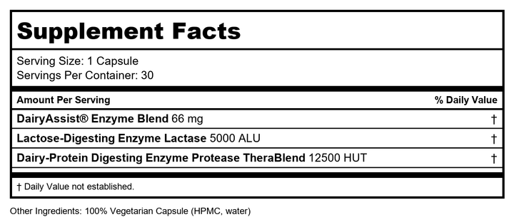 Enzymedica DairyAssist Chewable Enzymes for Men &amp; Women - Lactose Intolerance Support Supplement with Lactase Enzyme, Breaks Down Milk &amp; Dairy, Helps Reduce Gas &amp; Bloating, Gluten Free - 60 Tablets - Supplement Facts panel