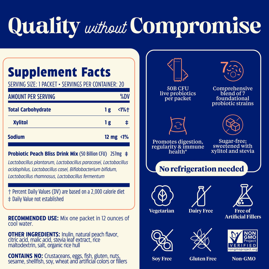 Enzymedica SubCulture Probiotic Drink Mix Powder for Women &amp; Men - Probiotics for Digestive &amp; Gut Health Support, 50 Billion CFU, Travel Friendly Stick Packs, Sugar Free - Peach Bliss, 20 Count - Supplement Facts panel