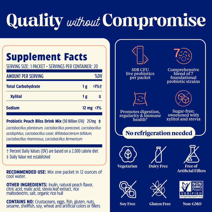 Enzymedica SubCulture Probiotic Drink Mix Powder for Women &amp; Men - Probiotics for Digestive &amp; Gut Health Support, 50 Billion CFU, Travel Friendly Stick Packs, Sugar Free - Peach Bliss, 20 Count - Supplement Facts panel