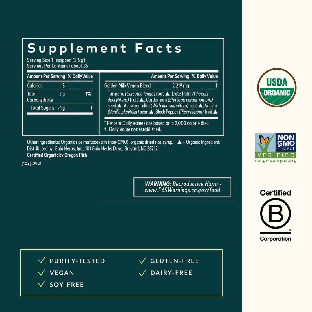 Gaia Herbs Golden Milk - Traditional Relaxation Support Supplement Powder with Organic Turmeric, Black Pepper, Ashwagandha, Cardamom &amp; More for an Ayurvedic Cup of Calm* - 4.3 Oz (About 35 Servings) - Supplement Facts panel