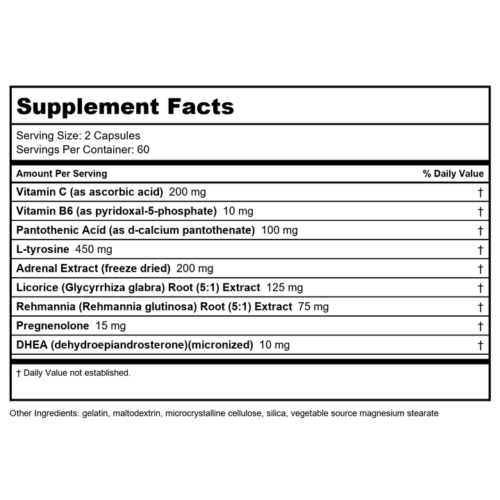EuroMedica Adrenaplex - Adrenal Gland Function Supplement - Glandular Support Supplement with Vitamins C &amp; B6 - Supports Healthy Adrenal Function - Keep Out of Reach of Children - 120 Capsules - Supplement Facts panel