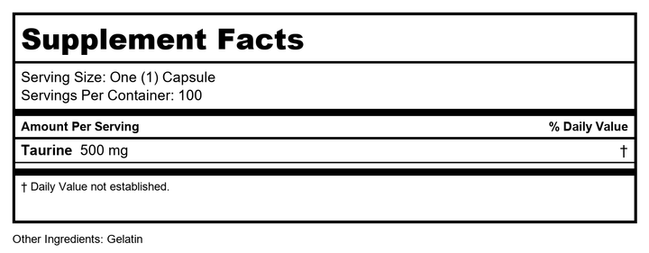 BioTech Pharmacal - Taurine - 100 Count - Supplement Facts panel