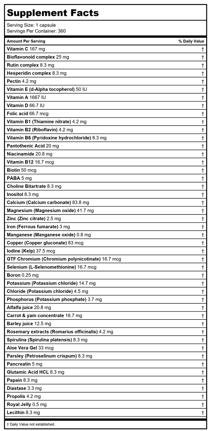 Solaray Spectro Multivitamin with Iron | Cal/Mag, Energizing Greens &amp; Herbs with Digestive Enzymes (60 Serv, 360 CT) - Supplement Facts panel
