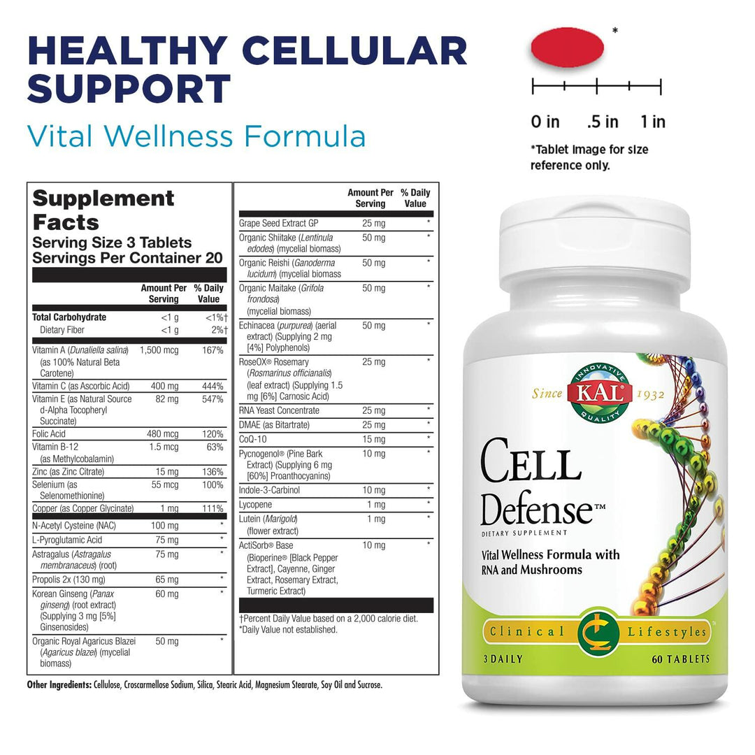 KAL Cell Defense Tablets - Mushroom Complex Supplement for Women &amp; Men, Beta Carotene, Vitamins C, E, &amp; B-12, Organic Reishi, Maitake, &amp; Shiitake Blend, Cellular Wellness Booster for Adults - 60 Count - Supplement Facts panel