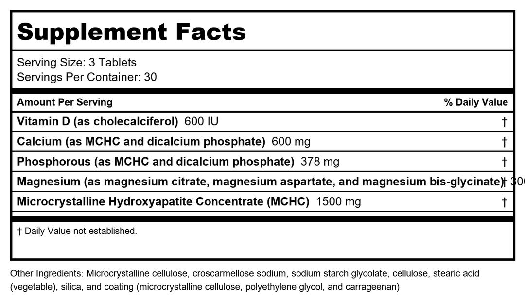 Metagenics Bone Builder with Magnesium Tablets with Calcium, Phosphorus and Vitamin D to Help Maintain Healthy Bone Density - 60 Servings - Supplement Facts panel