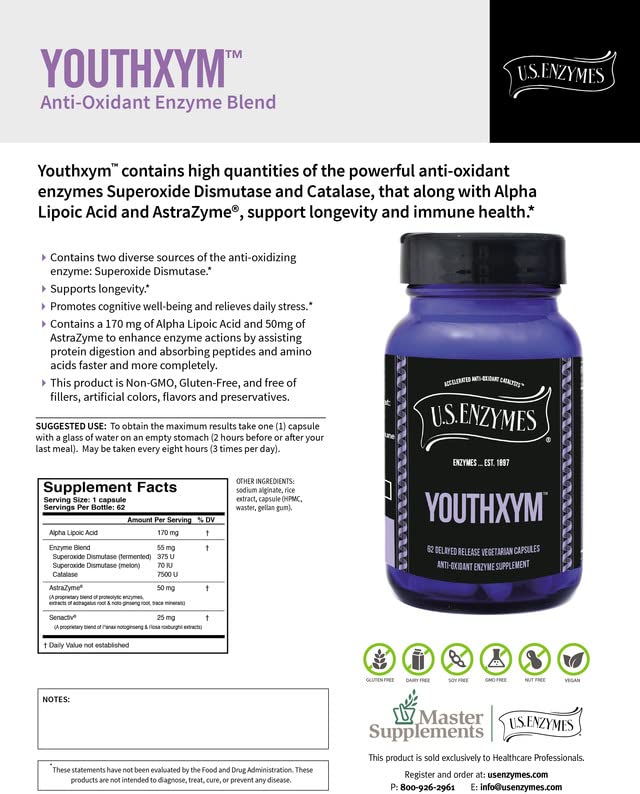 USAEnzymes YOUTHXYM 62 Delayed Release Vegetarian Capsules, Anti-Oxidant Enzyme Supplement. 170mg of Alpha Lipoic Acid (ALA) + 50mg of AstraZyme to Enhance Protein Digestion. - Supplement Facts panel