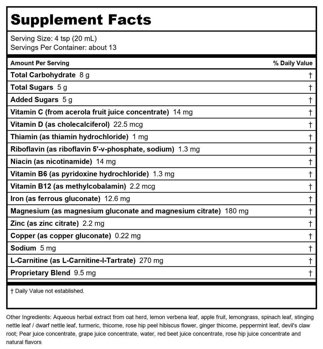 Floradix Iron Sport Liquid Mineral &amp; Vitamin Formula - Daily Nutrition &amp; Energy Support* - Sports Nutrition with Iron, B Vitamins &amp; More - Vegan &amp; Non-GMO - 8.5 fl oz - Supplement Facts panel