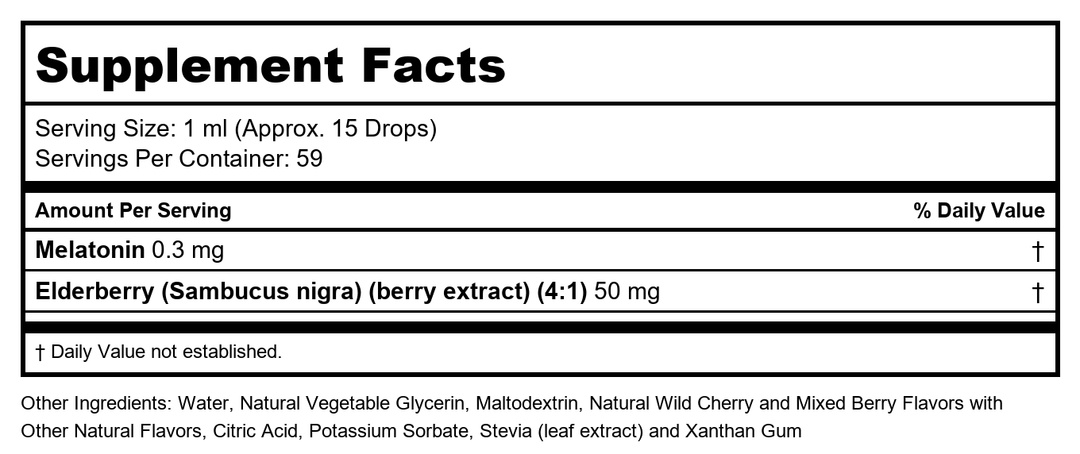 Kal 0.3 Mg Melatonin Cherry Elderberry Dropins, 2 Fluid Ounce - Supplement Facts panel