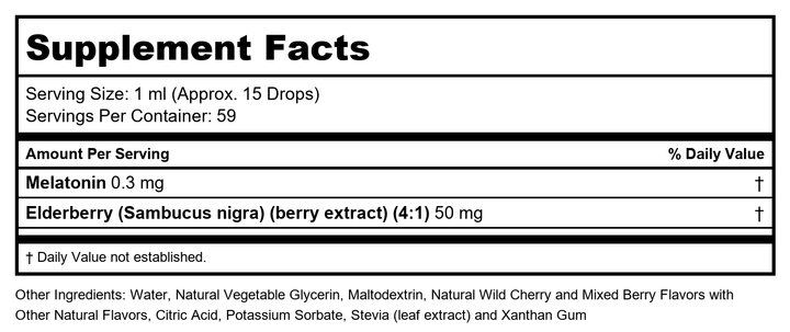 Kal 0.3 Mg Melatonin Cherry Elderberry Dropins, 2 Fluid Ounce - Supplement Facts panel