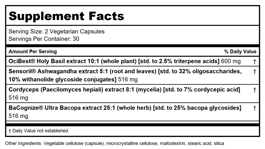 Life Extension Adrenal Energy Formula, Help inhibit the Effects of Stress, holy Basil, cordyceps, bacopa and ashwagandha, Gluten Free, Non-GMO, Vegetarian, 60 Capsules - Supplement Facts panel