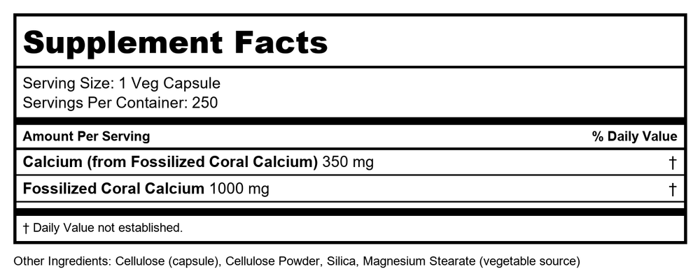 NOW Coral Calcium 1000mg, 100 Capsules (Pack of 2) - Supplement Facts panel