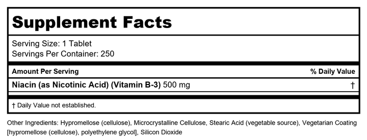 NOW Foods - Niacin Vitamin B-3 500 mg. - 100 Capsules (Multi-Pack) - Supplement Facts panel
