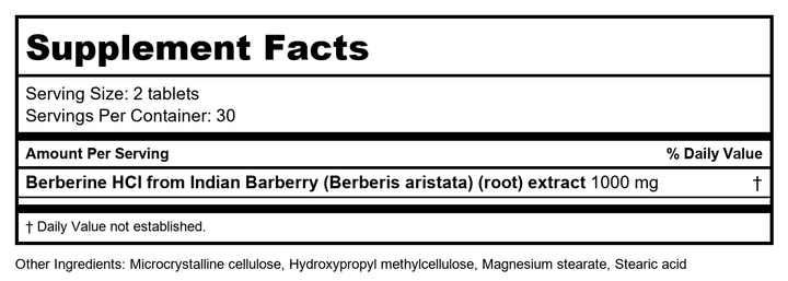 New Chapter Berberine Supplement - Super-Potent Berberine 1000 mg, 30x Concentrated Indian Barberry Extract to Support Metabolic Health + Heart Health + Glucose Support, Vegan, Gluten Free, 60 Count - Supplement Facts panel