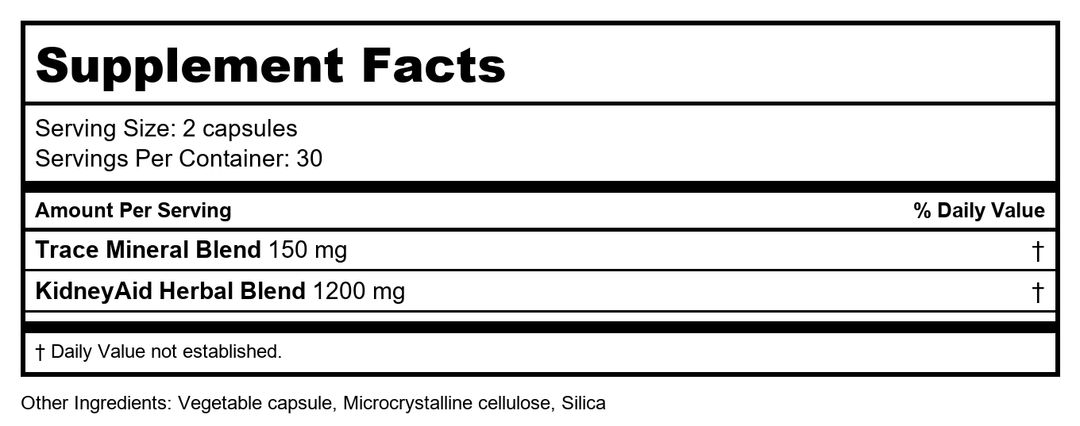 Ridgecrest Herbals KidneyAid, Kidney Health Support Supplement, Hydrangea, Horsetail, Urinary Tract Health Support, Trace Mineral (60 Caps, 30 Serv) - Supplement Facts panel